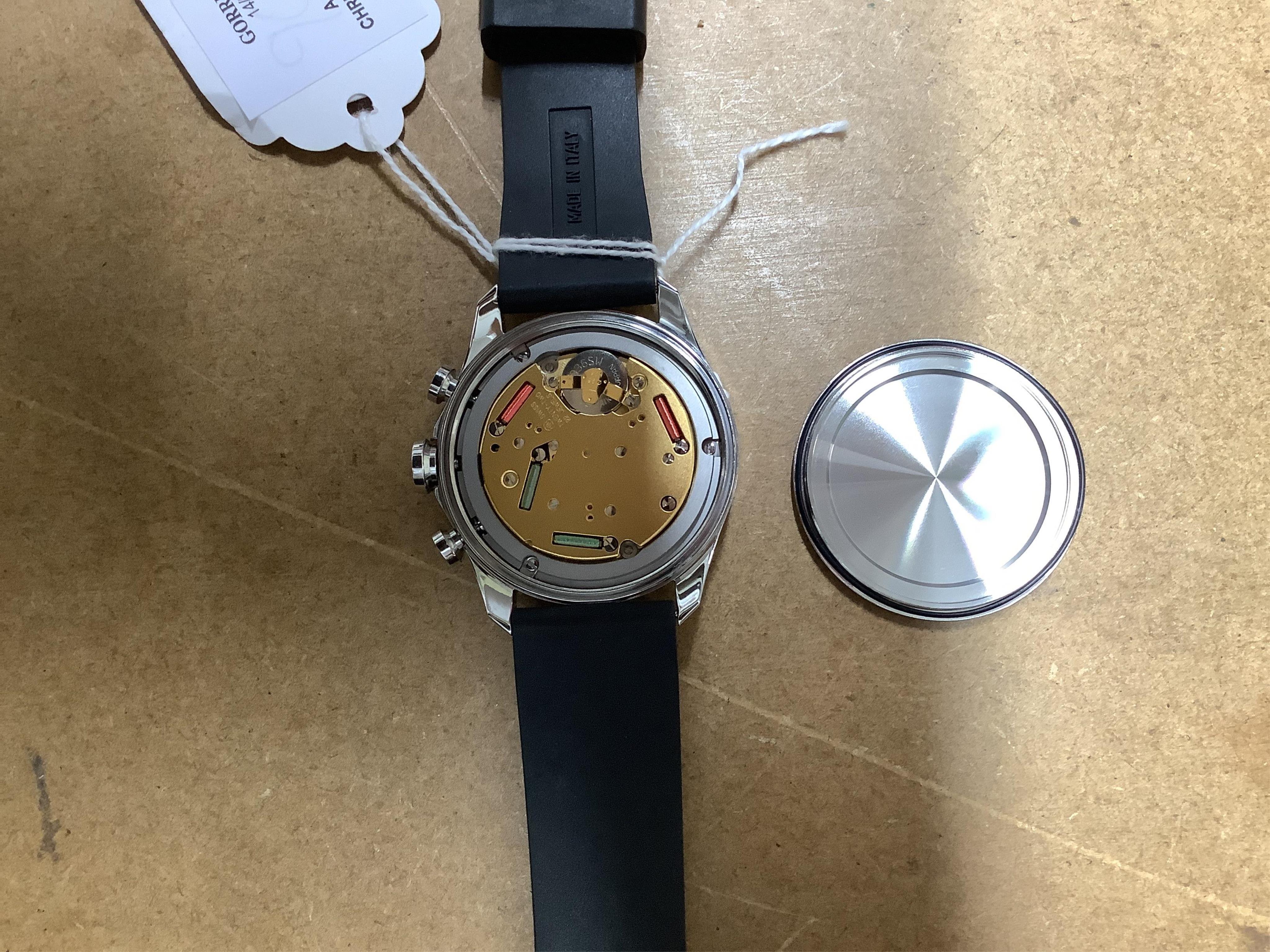 A boxed modern Christopher Ward of London stainless steel C70 Racing Green chronograph wrist watch, limited edition no.306/500, case diameter 42mm, on an Italian rubber strap with Christopher Ward buckle, with pamphlets.